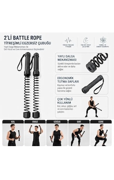2'li Battle Rope Titreşimli Egzersiz Çubuğu, Yaylı Dalga Mekanizmalı Kol, Omuz, Göğüs, Sırt Ve Core Antrenman Aleti 2'li Battle Rope Titreşimli Egzersiz Çubuğu, Yaylı Dalga Mekanizmalı Kol, Omuz, Göğüs, Sırt Ve Core Antrenman Aleti