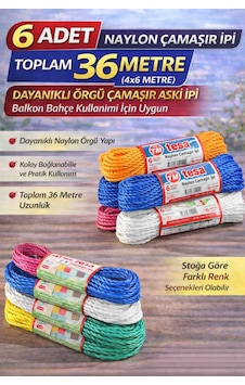 6 Adet Naylon Çamaşır İpi 6 Metre Dayanıklı Örgü Çamaşır Askı İpi Toplam 36 Metre Beyaz - Siyah 6 Adet Naylon Çamaşır İpi 6 Metre Dayanıklı Örgü Çamaşır Askı İpi Toplam 36 Metre Beyaz - Siyah