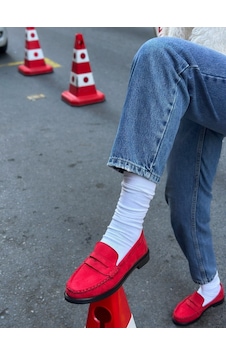 Erva'nın Butiği Kırmızı Süet Serly Büzgü Detay Rahat Kadın Loafer-6468 Erva'nın Butiği Kırmızı Süet Serly Büzgü Detay Rahat Kadın Loafer-6468
