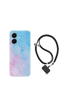 Vivo Y22S Kılıf İpli Boyun Askılı Desenli Silikon Pink Blue Abstract 1385