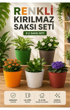 5 Adet Renkli Kırılmaz Plastik Saksı Seti Tabaksız Kullanım 1,8 Litre Ev & Salon İçin 5 Adet Renkli Kırılmaz Plastik Saksı Seti Tabaksız Kullanım 1,8 Litre Ev & Salon İçin