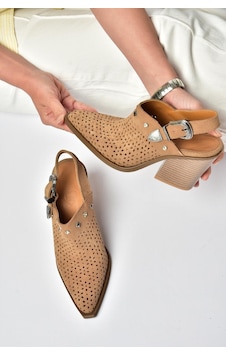 Fox Shoes Y654329102 Vizon Hakiki Deri Süet Zımba Detaylı Western Topuklu Ayakkabı