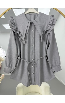 Lovie Moda Fırfır Yaka Bağcıklı Tunik Gri Lovie Moda Fırfır Yaka Bağcıklı Tunik Gri