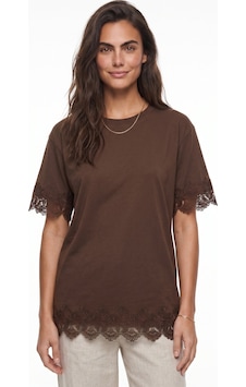 Onloox Kadın Kahverengi Kahverengi Pamuklu Bisiklet Yaka Oversize Kol Ve Etek Ucu Dantel Detaylı Kısa Kollu T-shirt Onloox Kadın Kahverengi Kahverengi Pamuklu Bisiklet Yaka Oversize Kol Ve Etek Ucu Dantel Detaylı Kısa Kollu T-shirt