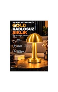 Gold Mantar Masa Lambası Şarjlı Kablosuz Dokunmatik 3 Renk Led Dekoratif Abajur Sarı Gold Mantar Masa Lambası Şarjlı Kablosuz Dokunmatik 3 Renk Led Dekoratif Abajur Sarı
