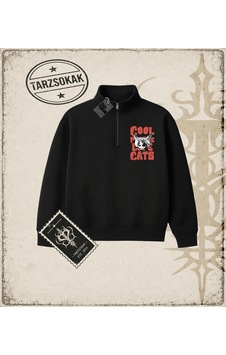 Tarzsokak Gotik & Grunge Streetwear Cool Cats Yarım Fermuarlı Sweatshirt Siyah