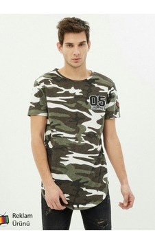 Koton Yeşil Askeri Desenli Uzun Tişört T-shirt Açık Mint Yeşili