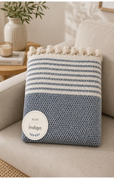 180x230 Cm Pamuklu Hasır Dokuma Koltuk Örtüsü Kaymaz Şal Örtü Çekyat Kanepe Koruyucu Premium Seri Indigo