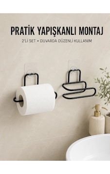 Mey İthalat 2 Adet Yapışkanlı Wc Kağıtlık Siyah Metal Pratik Duvar Tipi Rulo Tutucu Renkli