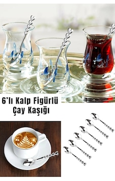 6'Lı Kalp Figürlü Çay Kaşığı Paslanmaz Çelik Kaşık Seti Gümüş