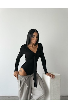 Ge Ticaret Sandy Bodysuit Önden Bağlama Detaylı - Siyah Siyah