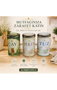 Vintage Çay Şeker Tuz Saklama Kutusu Seti Metal Gövdeli Dekoratif Mutfak Kavanozu 3'lü Set Çok Renkli