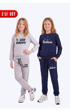 Panios Kids Kız Çocuk 2'li Baskılı Bisiklet Yaka Çift Cepli Eşofman Takımı Gri - Lacivert Panios Kids Kız Çocuk 2'li Baskılı Bisiklet Yaka Çift Cepli Eşofman Takımı Gri - Lacivert
