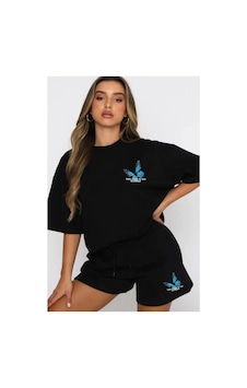 Zeo Giyim Kadın Alt Üst Siyah Kelebek Baskılı Şort Tshirt Kombini