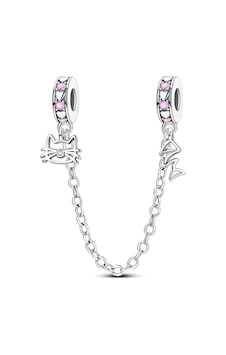 Kedi Ve Kılçık Zincir Sallantılı Charm Gümüş Kedi Ve Kılçık Zincir Sallantılı Charm Gümüş