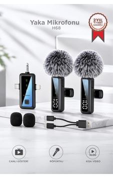Yaka Mikrofonu Type-c Lightning Aux 2 Adet 3ın1 Kablosuz Mikrofon H68 Siyah