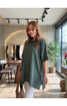 Mareandpanda Kadın Bisiklet Yaka Kısa Yarasa Kollu Yanları Yırtmaçlı Oversize Dökümlü Merserize Bluz haki Mareandpanda Kadın Bisiklet Yaka Kısa Yarasa Kollu Yanları Yırtmaçlı Oversize Dökümlü Merserize Bluz haki