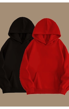 Blackjack Giyim Unisex Gri Siyah 2'li Kapüşonlu Oversize Sweatshirt Hoodie Siyah-kırmızı