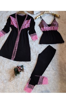 Bav Butik Ayvitrin Kadın Gecelik Takımı Pembe Dantelli Kırmızı