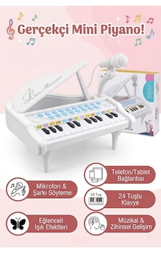 Mikrofonlu 24 Tuşlu Pembe Çocuk Piyanosu - Telefon Bağlantılı Eğitici Işıklı Org Müzik Seti