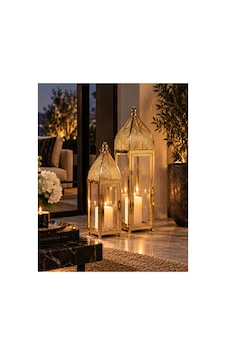 Sleep Nova Gold Metal Camlı Dekoratif Fener 2 Li Set Altın