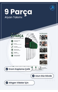 Alyan Anahtar Takımı 9 Parça Uzun Düz Krom Altıgen Vida Tamir Mon Alyan Anahtar Takımı 9 Parça Uzun Düz Krom Altıgen Vida Tamir Mon