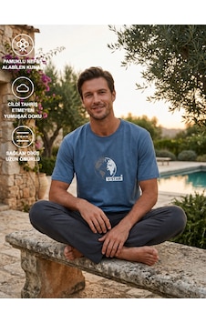 Nov Erkek Baskılı Pamuk Pijama Takımı Kısa Kol Mavi Nov Erkek Baskılı Pamuk Pijama Takımı Kısa Kol Mavi
