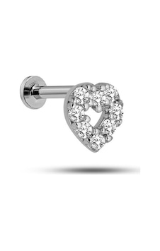 925 Ayar Gümüş Rodyumlu Minimal Kalp Tragus Piercing Küpe Gümüş