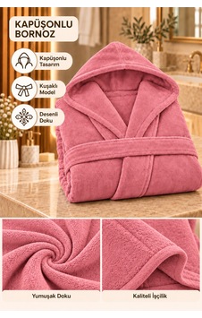 Kapüşonlu Unisex Rashell Bornoz Cepli Yumuşak Dokulu Pembe Kapüşonlu Unisex Rashell Bornoz Cepli Yumuşak Dokulu Pembe