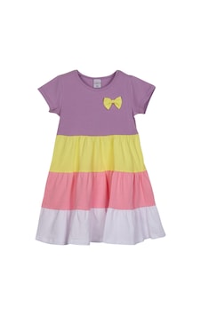 Lovetti Lila + Beyaz Kız Çocuk Kısa Kol Fiyonklu Renkli Kat Kat Elbise 9242W098 Lila - Beyaz