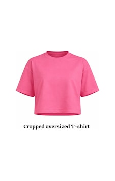 Kadın Pembe Oversize Crop Pamuk T-shirt Pembe