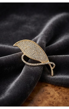 Gold Renk Zirkon Taşlı Yaprak Model Broş Altın