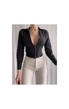 Munora Butik Önü Kopçalı Poplin Crop Siyah Gömlek Siyah Siyah