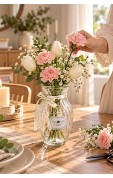 Porsima 04287 Çizgili Lale Cam Vazo 1400 Ml Kurdele Detaylı Şeffaf Vazosu 20 Cm