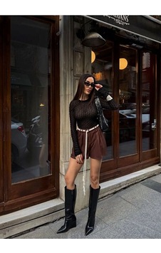 Nido Moda Kadın Örgü Kemerli Pileli Mini Şort Kahverengi Nido Moda Kadın Örgü Kemerli Pileli Mini Şort Kahverengi