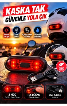 Usb Şarjlı Kırmızı Led Kask Işığı Açma Kapama Düğmeli Siyah Oval Kask Flaşörü Usb Kablolu 8,8x3,7 Cm
