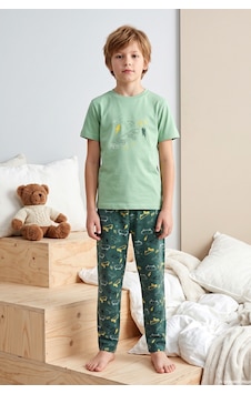 Aydoğan Desenli Erkek Çocuk Önü Düğmeli Süprem Pamuklu Pijama Takımı 260377 Yeşil