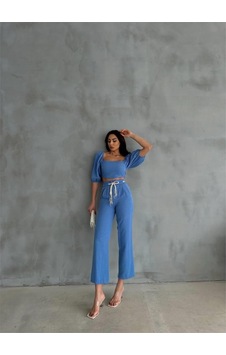 Mythrıva Keten Crop Karpuz Kol Bluz-pantolon Hasır Kemerli - Mavi