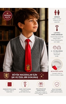 Herşeynota Harry Potter Gryffindor Kravat Kırmızı Renk Ayarlanabilir Lastikli 3-10 Yaş Unisex Çocuk Kravatı Açık Gri