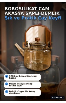 Borosilikat Cam Demlik 1200 Ml Akasya Saplı Süzgeçli Bulaşık Makinesinde Yıkanabilir Bx-313587 Açık