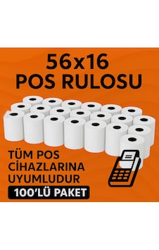 56x16 Termal Pos Kağıdı Rulosu 100'lü - Tüm Pos Cihazlara Uyumlu 56x16 Termal Pos Kağıdı Rulosu 100'lü - Tüm Pos Cihazlara Uyumlu