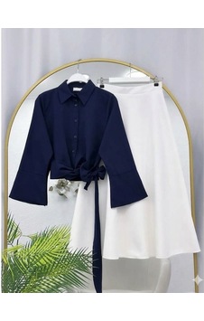 Lovie Moda Kadın Scuba Etek Bağcıklı Gömlek Takım - Lacivert Lovie Moda Kadın Scuba Etek Bağcıklı Gömlek Takım - Lacivert