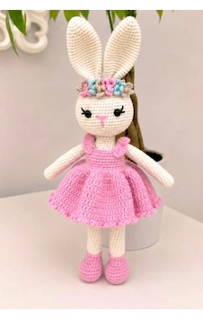 Amigurumi Pembe Elbiseli Taçlı Tavşan Organik Oyuncak