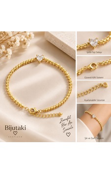 Bijutaki Gold Kalp Taşlı Işıltılı Ayarlanabilir Kadın Bileklik