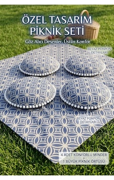Piknik Örtüsü Seti 4 Lü Yuvarlak Ponponlu Minderli Desenli Bahçe Plaj Park Piknik Matı Su Geçirmez Çok Renkli