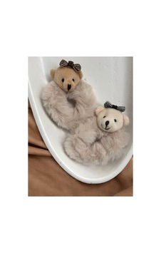 Peluş Ayıcıklı 2li Simit Saç Lastiği - Teddy Bear Puffy Buckle Aksesuarlı Lastik Toka Bej