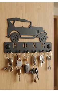 İondesign Araba Temalı Metal Anahtarlık Askılığı Siyah 6 Askılı Modern Duvar Dekoru Siyah