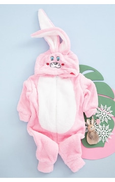 Bilge Trend Kız Çocuk Welsoft Peluş Pembe Tavşan Kulaklı Kostüm Kışlık Tulum Pembe