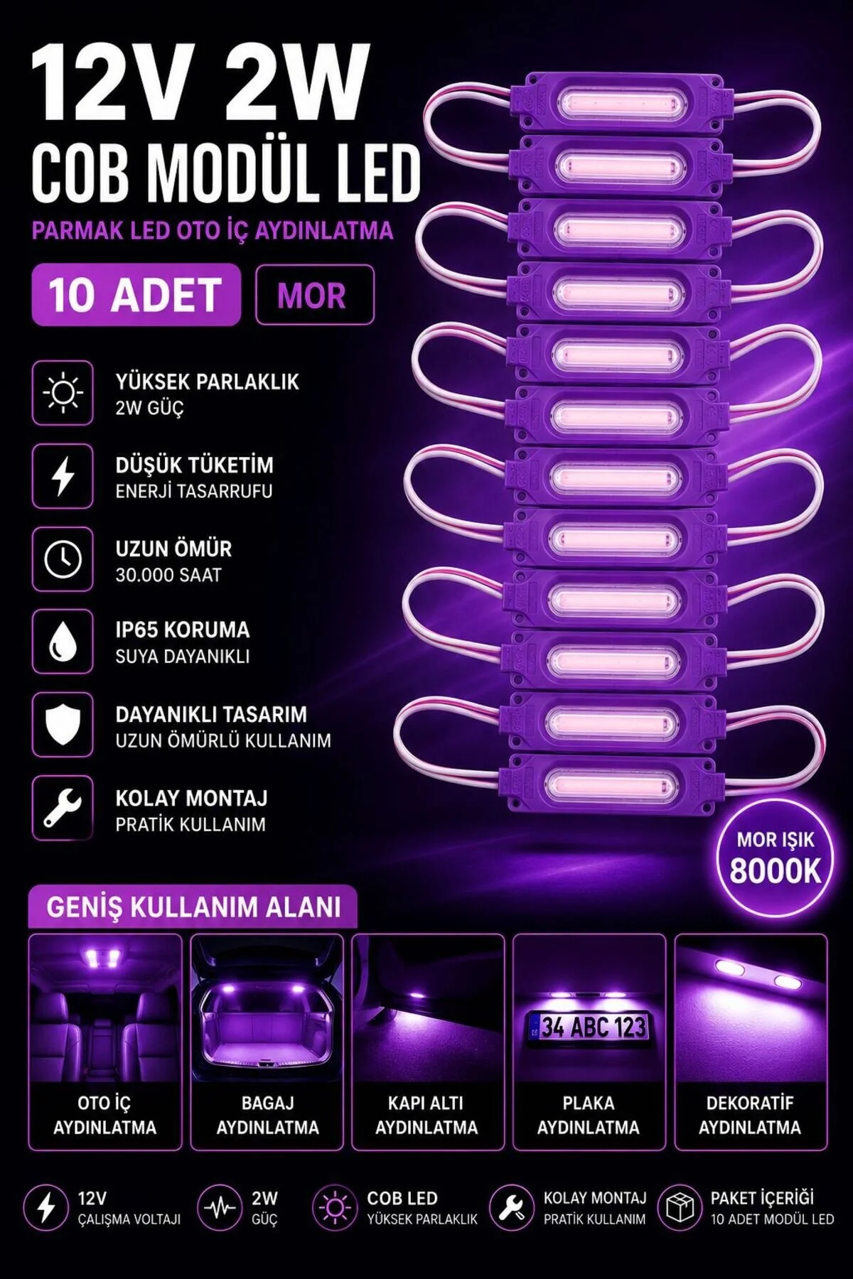 12v 2w Cob Modül Led Parmak Led Oto İç Aydınlatma Mor 12v 2w Cob Modül Led Parmak Led Oto İç Aydınlatma Mor