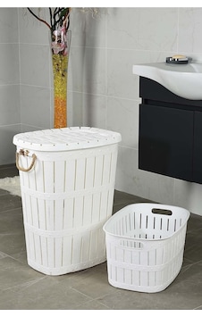 Bambu Ahşap Görünümlü Halatlı Kirli Sepeti Ve Temiz Çamaşır Sepeti Seti 62 Lt - Beyaz - 225960001 Beyaz